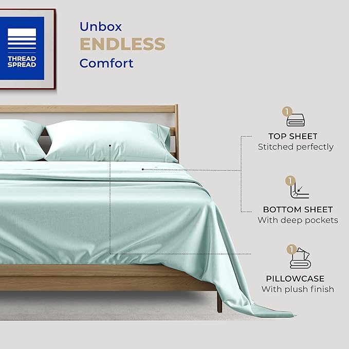 THREAD SPREAD Twin Sheets Set Cotton - 400 Thread Count 100% Cotton Twin Sheet Set, 3 PC Twin Sheets, Cooling & Luxury Sateen Sheets, 16" Deep Pockets Easy Fit, Breathable Cotton Sheets (Sea Foam)