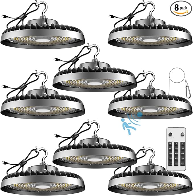 ACOHOOK 250W LED High Bay Light 37500lm Commercial Bay Lighting with Smart Controller Supports Normal Mode & Motion Sensor Mode(Energy Saving) AC100-277V UFO LED High Bay Shop Lights-8Pack