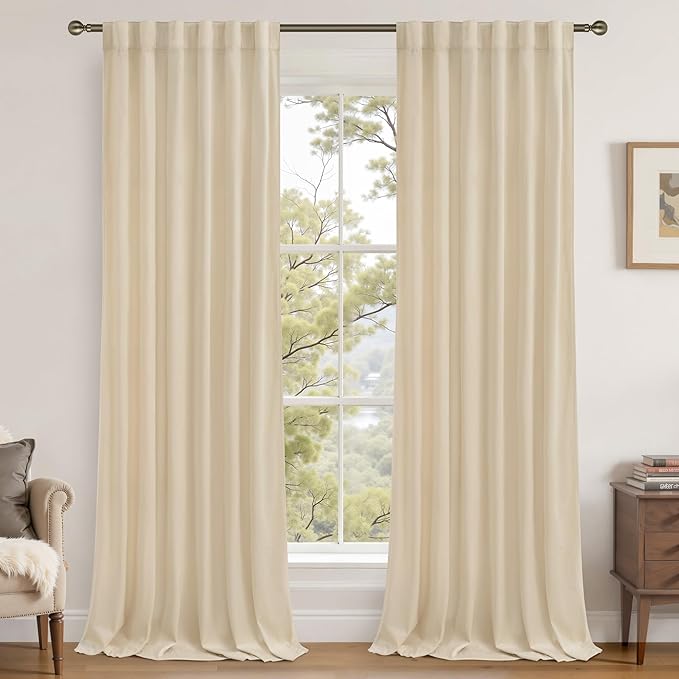 LAMIT Beige Velvet Curtains for Living Room 120 Inches Long, Elegant Thermal Insulated Panels Noise Reducing Back Tab and Rod Pocket Drapes for Bedroom, 2 Panels, 52 x 120 Inch