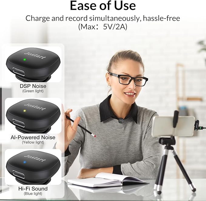 JOSTART Wireless Mini Microphone for iPhone & Android,Using AI Smart Noise Reduction Technology - Wireless Lavalier Microphone for YouTube Podcast Vlogging Tiktok-Black