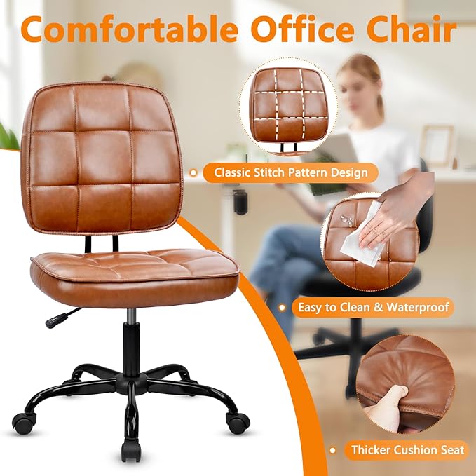 CLATINA Armless Home Office Chair with Lumbar Support and Wheels, Small PU Leather Ergonomic Low Back Desk Chairs No Arms, Adjustable Height 360° Swivel Rolling Computer Task Chair, Brown, 2 Pack