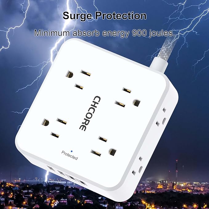 Surge Protector Power Strip - CHCORE 6Ft Braided Extension Cord with 8 Outlets with 4 USB (2 USB C) Charging Ports, Flat Plug Multi Plug Outlet Extender Charging Station for Home Office, ETL, White