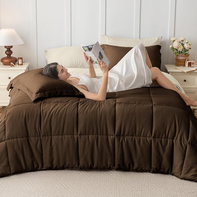 JOLLYVOGUE King Comforter Set, Ultra-Soft Bed in a Bag King Size 7 Pieces, Oeko-TEX Certified Bedding Set with Down Alternative Comforter, Sheets, Pillowcases & Shams, Brown & Beige