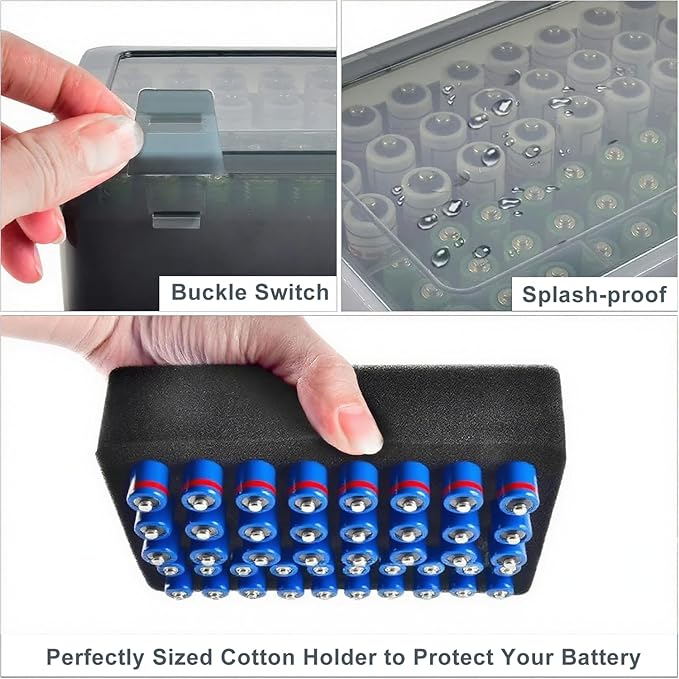 OEAYA Battery Organizer, Portable Battery Box with Buffer Sponge, Heavy-duty Plastic Storage Case for 54 Batteries AA AAA,(Batteries are Not Included) (Dark Gray)