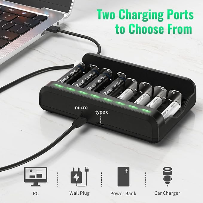BONAI AA AAA Rechargeable Batteries Charger Set, 4 Pack 2800mAh AA and 4 Pack 1100mAh AAA NiMH Batteries with Smart Universal Battery Charger