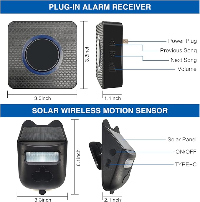 HoneTeek Solar Driveway Alarm, Wireless 600ft Range Driveway Motion Sensor Alarm Weatherproof, Weather Resistant Motion Sensor & Detector Outdoor, Home Security Alert System-1 Sensor & 1 Doorbell