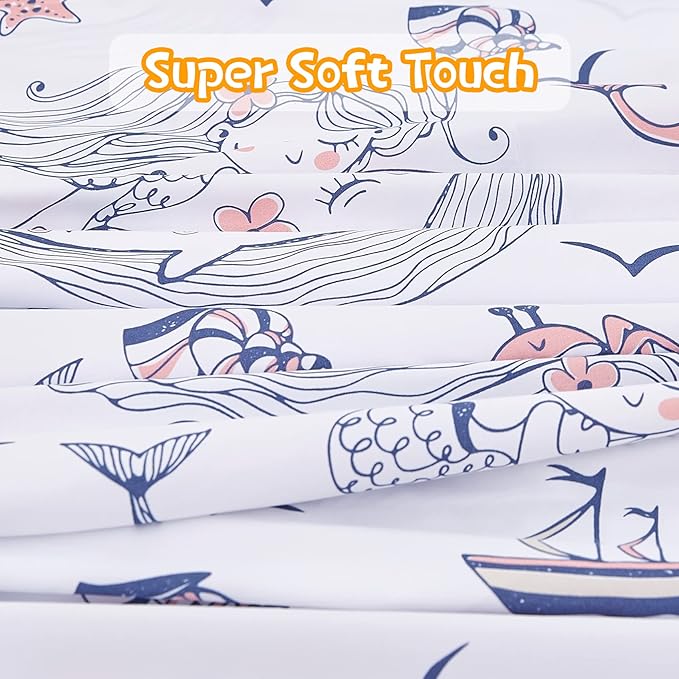 JSD Mermaid Whale Kids Sheet Set Full Size, 4 Piece Ocean Theme Microfiber Sheets for Girls Deep Pocket