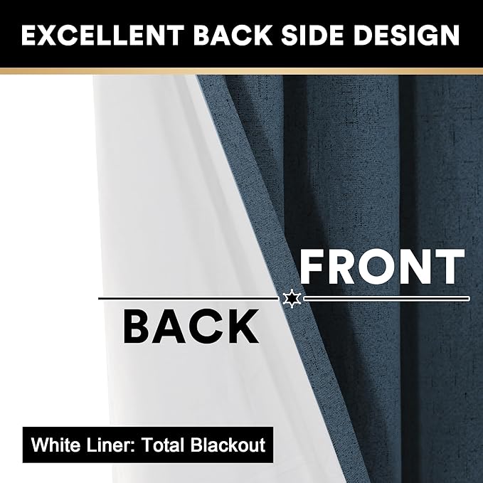 PrinceDeco Linen Blackout Curtains for Bedroom 64 Inches Long 100% Absolutely Blackout Linen Curtains Linen Blend Window Drapes Privacy Window Treatments for Bedroom/Kids Room,Set of 2, Navy,W42 X L64