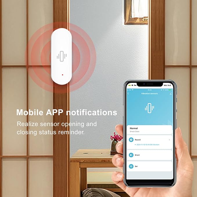 Smart Vibration Sensor: Wireless Glass Break Detector, WiFi Door Sensor with App Alerts, Adjustable Sensitivity, Glass Break Security Sensor for Alarm System and Smart Home Automation (2-Pack)