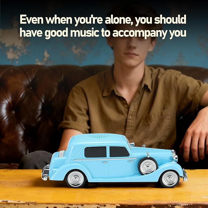 WSTER WS-1934 Retro Classic Car Bluetooth Replica Speaker – Wireless HD Sound with FM Radio,TWS Stereo,LED Party Lights,Built-in Microphone Hands-Free Call, Surprise Portable Gift for Party Use(Blue)