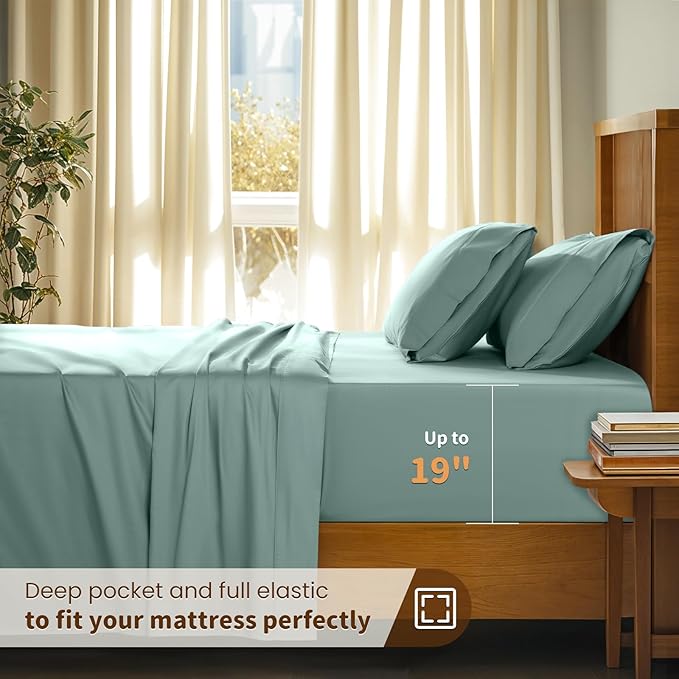 LBRO2M 100% Cotton Sheets Set Deep Pocket 19", 1000 Thread Count Full Size 4 Piece Bed Sheet Sets Soft Comfortable Bedding All Season (Full, Sage Green)