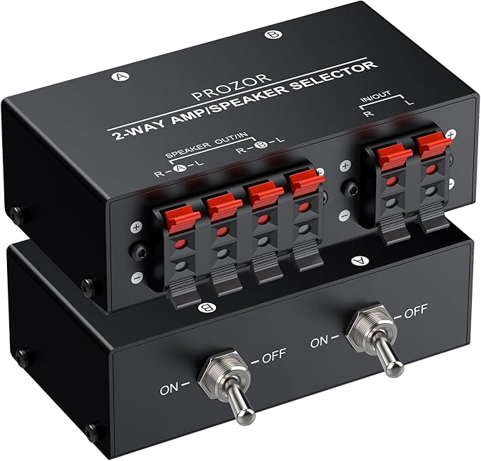 PROZOR 2-Zone Speaker Switch Box, 2-Way Amp/Speaker Selector with Independent A/B Control, Passive Stereo Switcher for Amplifier and Receiver, 150W RMS per Channel, Support 4–16Ω Speakers