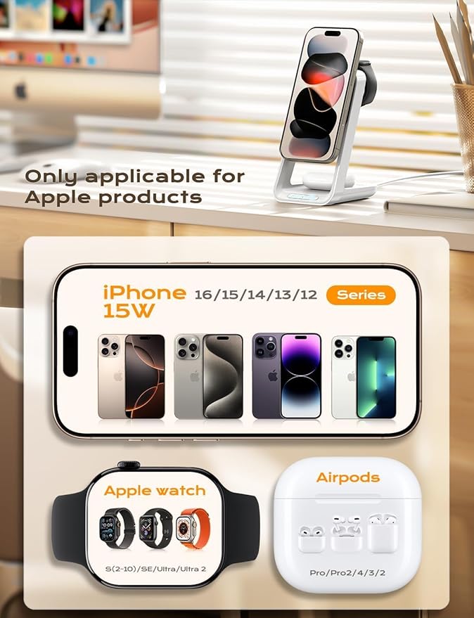 Apor 3 in 1 Charging Station for iPhone, Magsafe Wireless Charger with Cooling Fan for iPhone 17 16e 16 15 14 13 12 Series & Apple Watch Charger, Wireless Charging Station for AirPods 4/3/Pro (White)