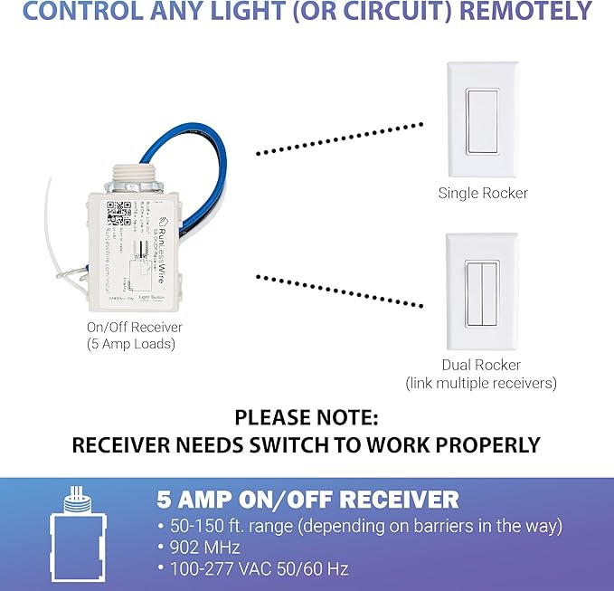 RunLessWire 5 Amp On/Off Receiver Add-On RF Relay Compatible with Self-Powered Kinetic Wireless Light Switches to Control Electrical Circuit Remotely Easy DIY Install 100-240VAC, Indoor Use