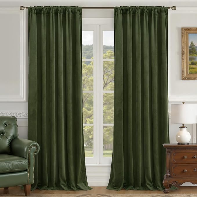 LAMIT Olive Green Velvet Curtains 108 Inch Length for Living Room, Thermal Insulated Blackout Curtains Luxury Room Darkening Back Tab and Rod Pocket Window Drapes for Bedroom, 2 Panels, 52 x 108 Inch