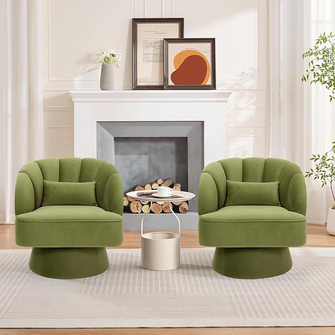 GarveeHome Modern Swivel Barrel Accent Chair, 360 Degree Velvet Upholstered Armchair with Striped Backrest & Plush Padding, Comfy Round Lounge Chair for Living Room, Bedroom, Reading Nook, Green 2 PCS