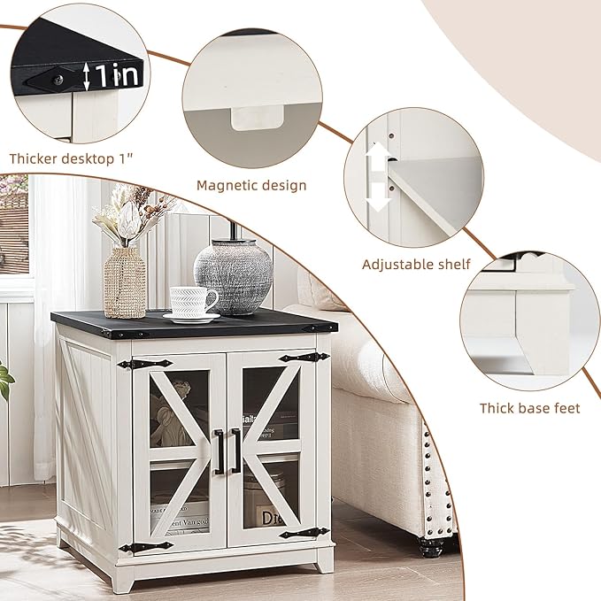 Farmhouse End Table Set 3, Narrow 18'' Night Stand with Glass Barn Door, 24" Square Side Table with Charger Station, Living Room Furniture Sets, Wood Nightstand Bedside Tables for Bedroom