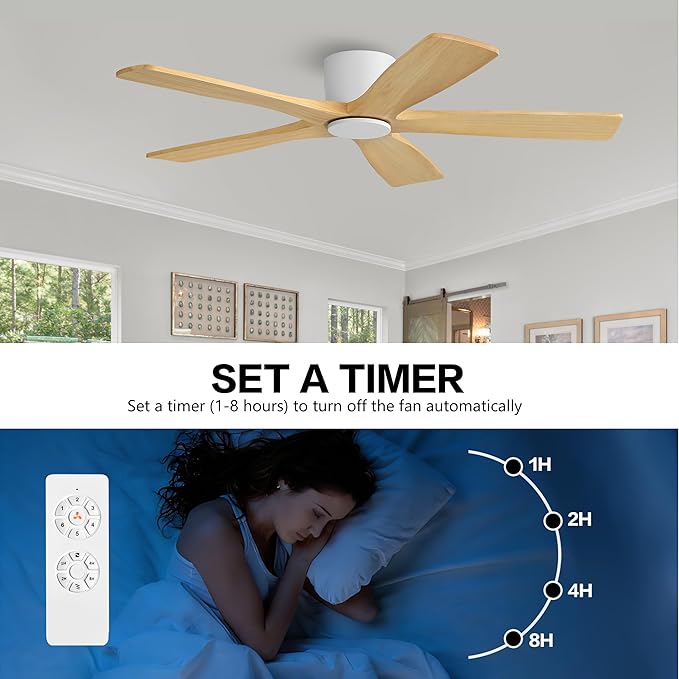WINGBO 54" Flush Mount DC Ceiling Fans Without Lights, 5 Carved Solid Wood Blades, 6-Speed Reversible DC Motor, Low Profile Hugger Ceiling Fan No Lights for Living Room Bedroom Patio, White and Oak