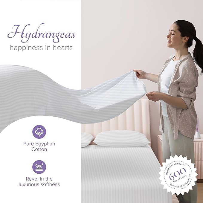 Carressa Linen Luxury Egyptian Cotton California King Stripe Sheet Set - 600 Thread Count Extra Long Staple 4 PC Set, Crisp White Cal King Stripe Sheets, Soft, Cooling Sheets Upto 18 in Deep Pocket