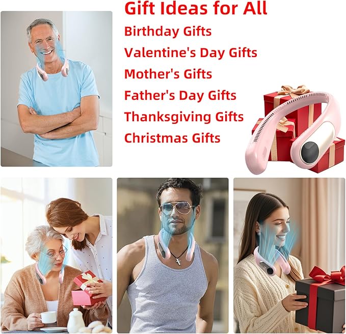 Portable Neck Fan,Personal Wearable Bladeless Fan,LED Display,4-Speeds,6000mAh USB Rechargeable,360° Strong Cooling Wind,Hands Free,White Elephant Gift,Christmas Gifts for Men Women Dad Mom (Pink)