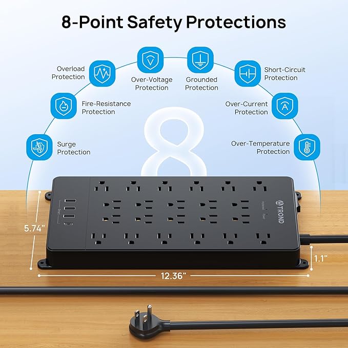 TROND Surge Protector Power Strip with USB Ports, 5ft Flat Plug Extension Cord, 22 Widely Spaced Outlets with 4 USB, 4000 Joules, 14AWG Heavy Duty, ETL Listed, Wall Mountable for Home Office, Black