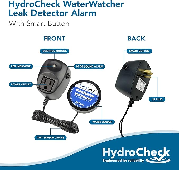 HydroCheck Water Sensor Alarm, Smart Water Leak Detector for Home & Basements | Made in The USA | Automatic Flood Detectors and Water Alarm, Pure Water Capable (WaterWatcher)
