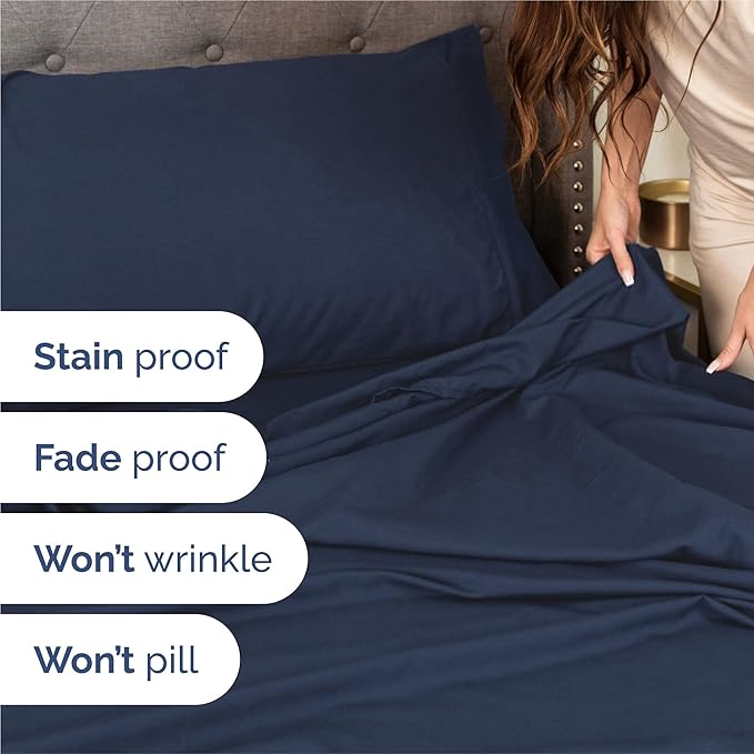 Full 6 Piece Sheet Set - Cooling, Comfy & Breathable - Hotel Luxury Bedding, Includes Fitted Sheet for Women, Men, Kids & Teens - 1 Flat, 1 Fitted Sheet, 4 Pillowcases with Deep Pockets - Navy Blue