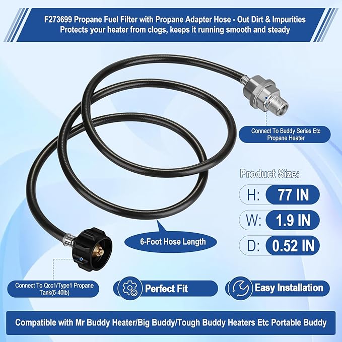 Propane Heater Fuel Filter F273699 with 6FT Propane Hose for Buddy Heater, Big Buddy, Little Buddy, Portable Buddy,Connect 20-45 lb Propane Tanks,Replaces F276163 F273704 F273701 F273702 Etc.
