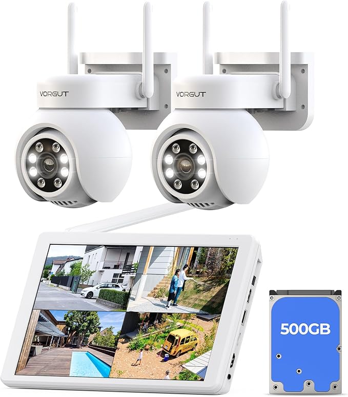 VORGUT Wireless Security Camera System with 10" LCD Monitor, 2PCS 3MP PTZ Outdoor Camera for Home Surveillance, 10CH NVR with 500G HDD,Auto Tracking,Human Detection,Color Night Vision,No Monthly Fee
