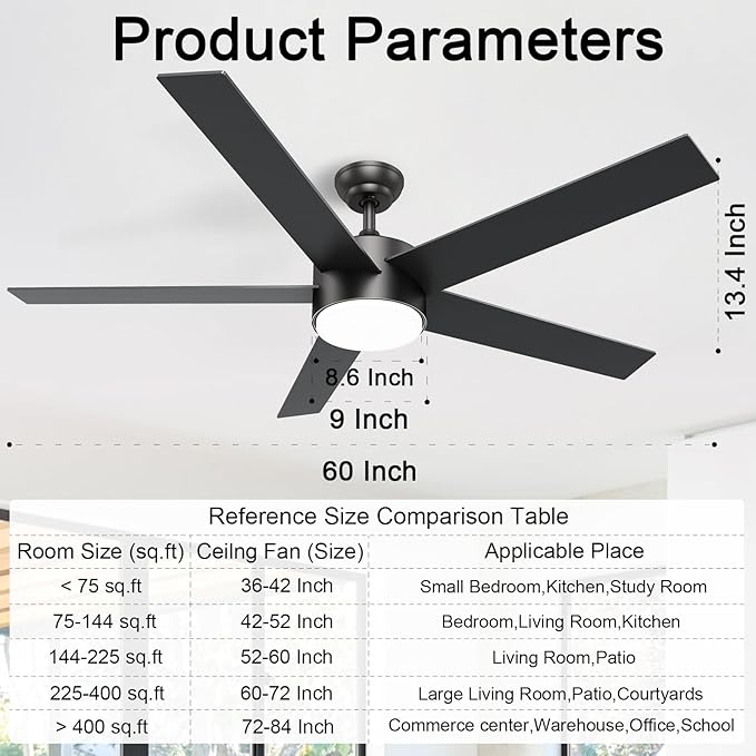 POCHFAN 60 Inch Black Ceiling Fans with Lights and Remote Control, Quiet Modern Ceiling Fan for Bedroom,Living Room, Dining Room,Dimmable 3-Color Temperatures 6-Speed