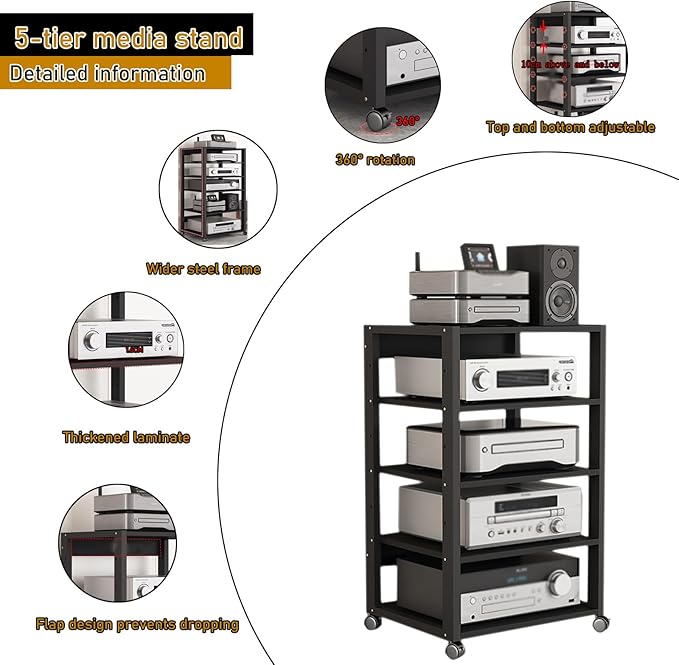 Dernoing 5 Tier Audio Rack Tower, CD Record Player Stereo Receiver AV Equipment Cabinet Display Rack, Weight Capacity 661 lbs, with Adjustable Wooden Shelves for Home (5 Tier Black)