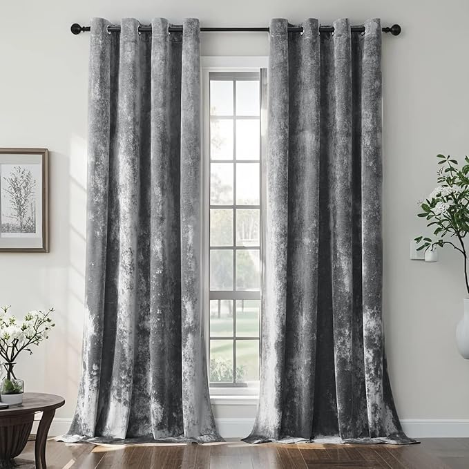 SMILETIME Grey Crushed Velvet Curtains 52x96 inch Luxurious Thermal Insulated Soundproof Drapes for Living Room Bedroom Office Soft and Durable Light-Filtering Window Treatments, 2 Panels