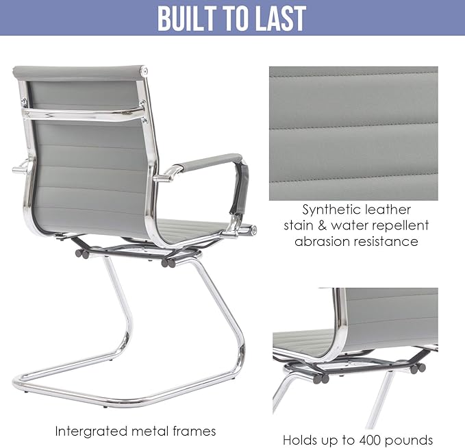 Wahson Office Guest Chairs Set of 4, Leather Reception Chairs, Mid Back Waiting Room Chair, Conference Chairs with Sled Base, Desk Chair No Wheels for Meeting/Lobby/Restroom, Grey