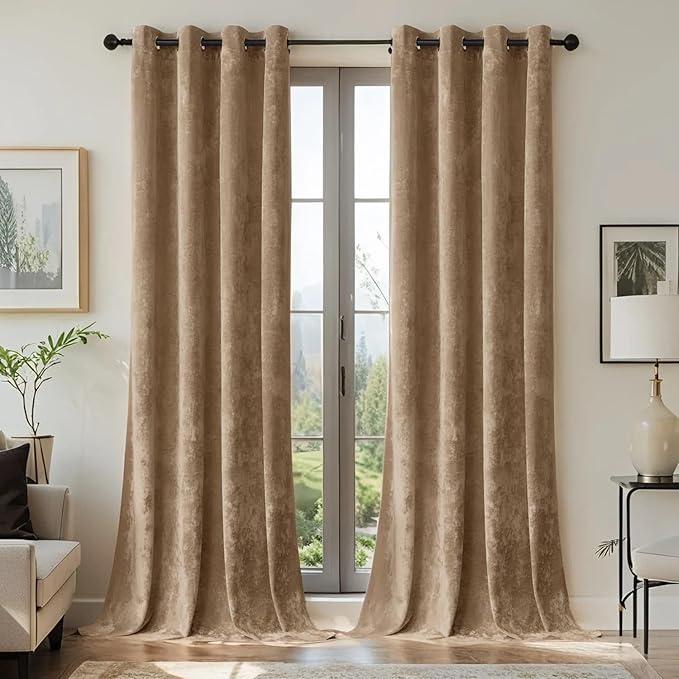 SMILETIME Amber Beige Crushed Velvet Curtains 52x84 inch Luxurious Thermal Insulated Soundproof Drapes for Living Room Bedroom Office Soft and Durable Light-Filtering Window Treatments, 2 Panels