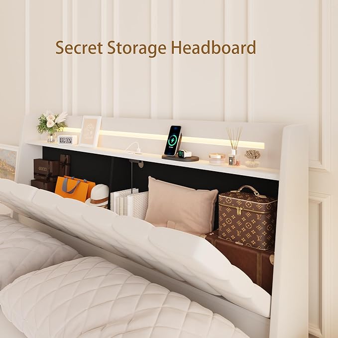 Queen Size Floating Bed Frame with LED Lights & USB Charging Ports, Upholstered Platform Bed with Storage Headboard & Hidden Shelves, Modern Floating Design for Bedroom or Guest Room, Beige