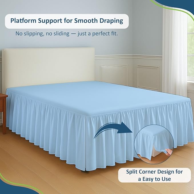 Rajlinen Ruffled Bed Skirt Full XL, 24 Inch Drop Dust Ruffle with Split Corners, 100% Microfiber Bedskirt with Platform, Three-Sided Coverage Ruffled Gathering Design, Light Blue