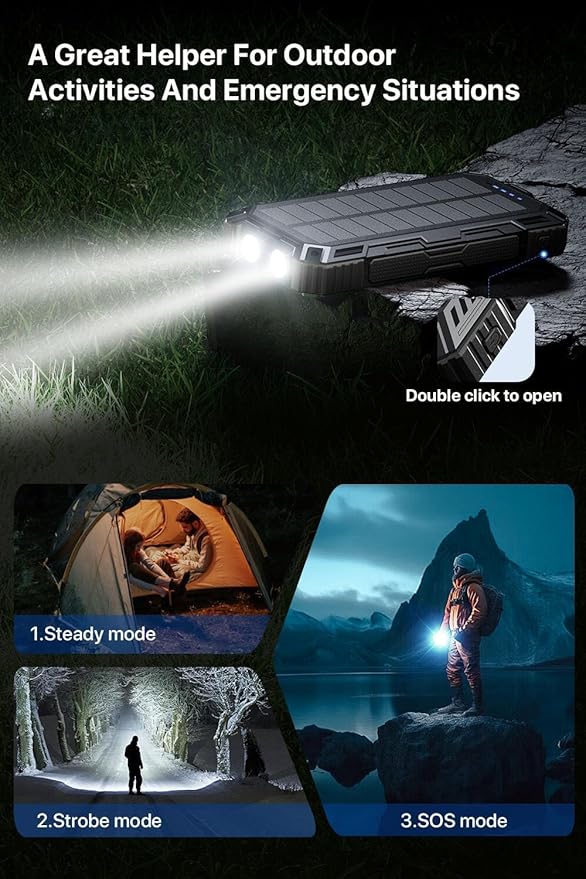 jskei Power Bank 49800mAh Solar Portable Charger Wireless Charging USB-C 15W Fast Charging with 4 Built-in Cables LED Flashlight Battery Pack Compatible with iPhone, iPad, Perfect for Camping,Hiking