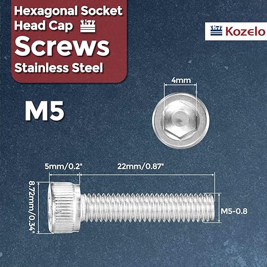 Kozelo 30pcs Socket Head Cap Screws - [M5-0.8 x 22mm] 304 Stainless Steel Allen Socket Drive for Electrical Motor 3D Printing Fan Engine Replacement Use, Silver