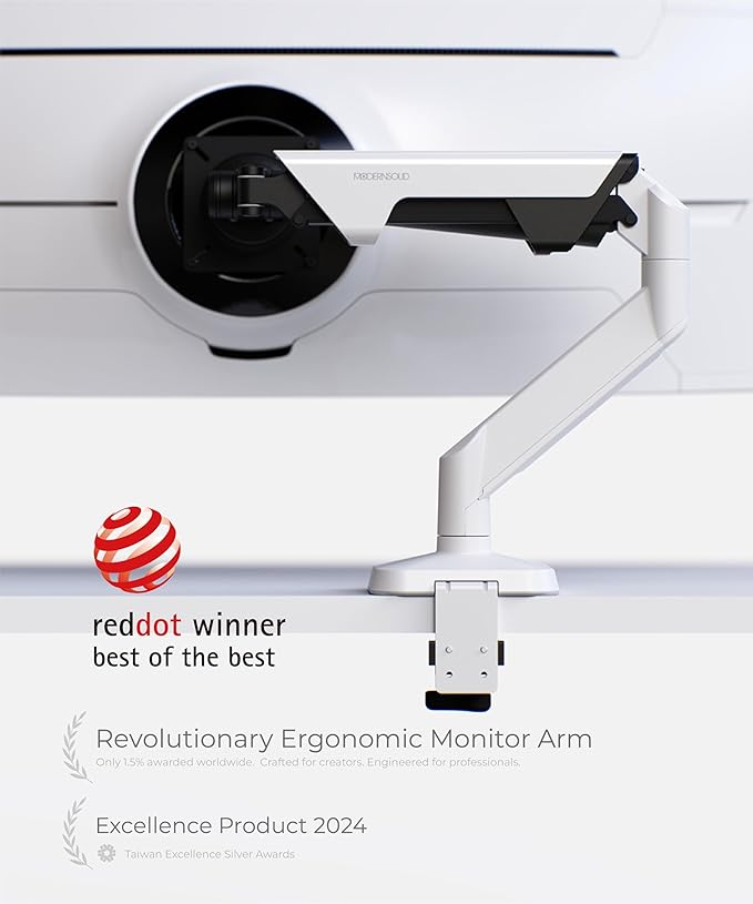 Modernsolid Heavy Duty Monitor Arm Desk Mount for 34-49 Inch Ultrawide Curved Monitors, Supports 14-38 lbs, Gas Spring Ergonomic Full Motion with Cable Management, Red Dot Design Awarded, White