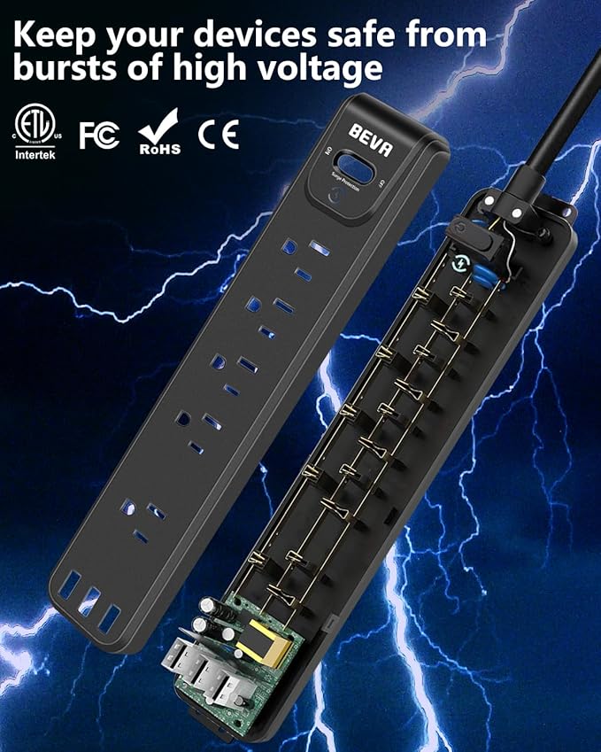 2 Pack Surge Protector Power Strip, 10FT Long Extension Cord with 5 Widely Spaced Outlets 3 USB Ports (1 USB C Port), Flat Overload Protection, 900 Joules, Wall Mount for Home Office Dorm, ETL Listed