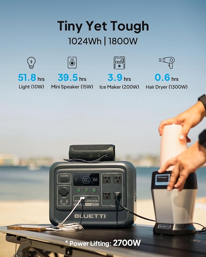 BLUETTI Elite 100 V2 Portable Power Station, 1024Wh LFP Battery Backup w/ 4 1800W AC Ports (3600W Surge), 35% Smaller, Fast Charge and UPS Solar Generator for Camping, Road Trip, Outages, Home Backup