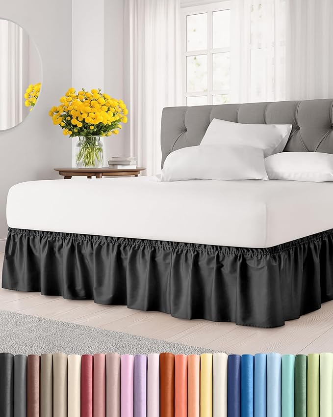Wrap Around Dust Ruffle Bed Skirt - Black - Twin/Twin XL Size Beds with 24 Inch Drop - Easy Fit Elastic Strap - Adjustable Pleated Bedskirt w/Brushed Fabric - Wrinkle Free - Women, Men, Kids & Teens