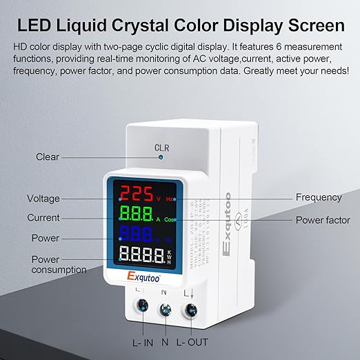 Exqutoo Multi-Function Energy Meter Color Digital Energy Meter - Measurement of AC Volts, Amps, Hertz, Watts, PF and Kilowatt-Hours - GT2P-E, AC 80~270V, 0~100A, 0~25KW, 50/60Hz, Rail-Mounted Meter