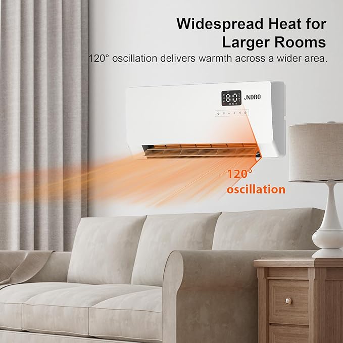 24-Inch Wall Mounted Electric Heater - 1500W Indoor Space Heater with LED Display, 3 Heat Settings, Oscillating Fan, Electric Heater for Bedroom Office Bathroom