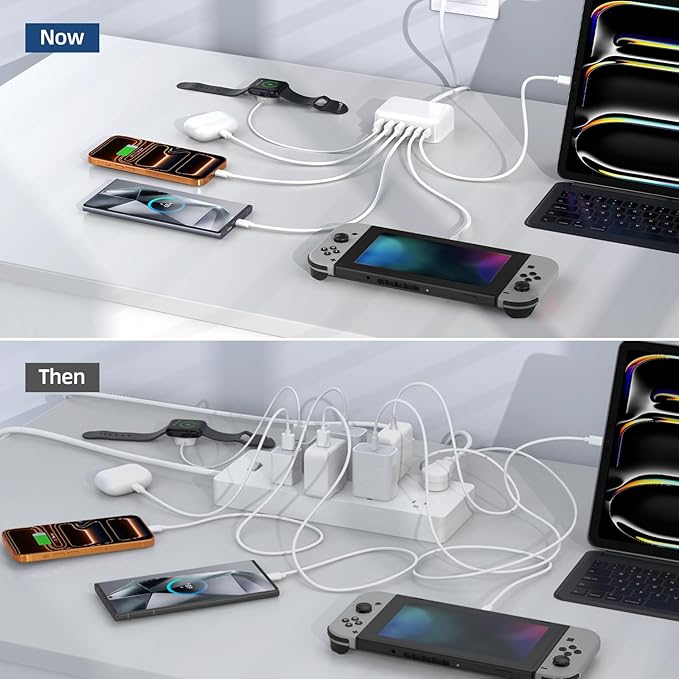 USB C Charger Block, 100W GaN 6 Port PD USB C QC USB A Wall Charger Adapter Plug Cube, Super Fast Type C Charging Station Hub for iPhone 17 16 15 14 13 Pro Max iPad Samsung Pixel 5ft Extension Cord