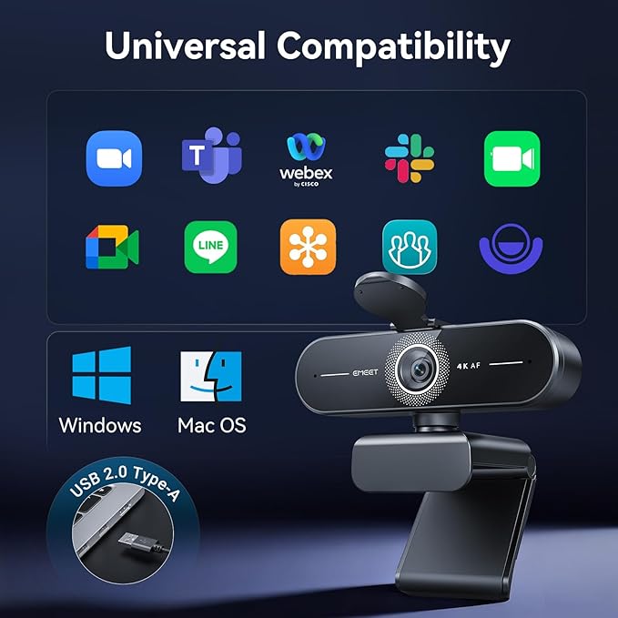 EMEET C60E 4K Webcam for Streaming & Gaming – PDAF Autofocus, Dual Mics, Live Streaming Camera with Auto Light Correction, Plug & Play USB Webcam for PC & Mac