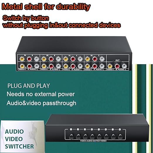 BolAAzuL RCA Switch 8 in 1 Out Composite Video L/R Audio Selector Box 8X1, 8-Way RCA Switcher - 8 Port AV Selector Switch - Plug & Play for Wii PS2 Xbox DVD STB HDTV
