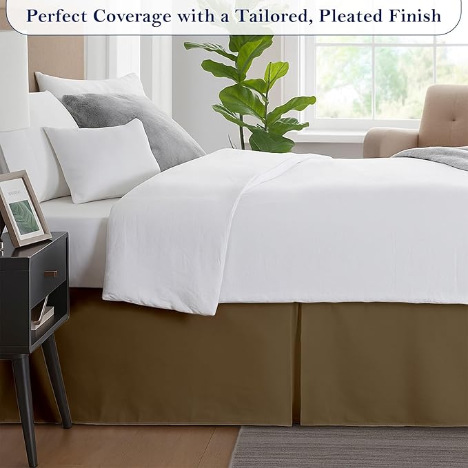 Twin Bed Skirt, Luxury 21 Inch Drop Taupe Pleated Bed Skirt, Double Brushed Microfiber, Box Pleat Design, Wrinkle & Fade Resistant, Easy Fit Tailored Bedskirt for Twin Size Beds