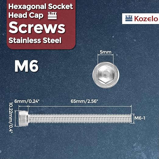 Kozelo 25pcs Socket Head Cap Screws - [M6-1 x 65mm] 304 Stainless Steel Allen Socket Drive for Electrical Motor 3D Printing Fan Engine Replacement Use, Silver