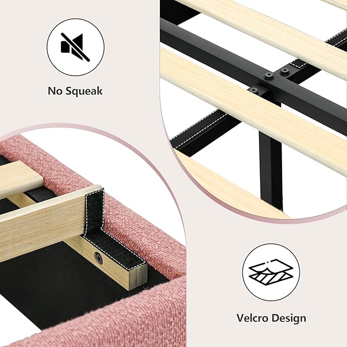 Queen Bed Frame, Boucle Upholstered Platform Bed Frame with Headboard, Pink Bed Frame, Soft Rounded Corners, No Box Spring Required, Easy Assembly